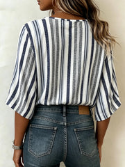 Women Crew Neck Half Sleeve Navy White Vertical Stripe Loose Blouse