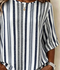 Women Crew Neck Half Sleeve Navy White Vertical Stripe Loose Blouse