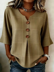 Women V Neck Half Sleeve Brown Striped Peplum Regular Fit Blouse