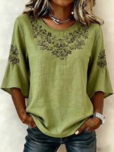 Women Crew Neck Half Sleeve Green Floral Vintage Casual Summer Top