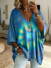 Ethnicity Kaleidoscope Purple Women's Art Print Casual Washed Cotton Denim Top
