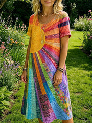 Women Rainbow Sunburst Floral Print Crew Neck Short Sleeve Boho Shift Midi Dress
