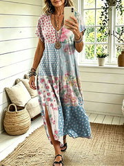 Patchwork Floral Print V Neck Short Sleeve Loose A Line Midi Dress With Side Slits