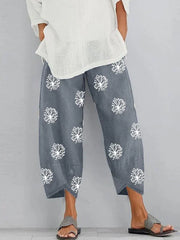 Dandelion Print Loose Cropped Pants With Side Pockets Casual Split Joint Trousers