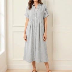 Linara Striped Button Front Midi Shirt Dress with Rolled Short Sleeves & Side Pockets
