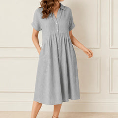 Linara Striped Button Front Midi Shirt Dress with Rolled Short Sleeves & Side Pockets