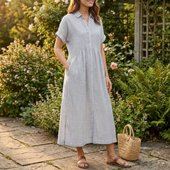 Linara Striped Button Front Midi Shirt Dress with Rolled Short Sleeves & Side Pockets