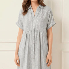 Linara Striped Button Front Midi Shirt Dress with Rolled Short Sleeves & Side Pockets