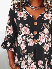 Black Base Pink Floral V Neck Ruffle Half Sleeve Wooden Button Casual Blouse