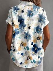 Women Collared Button Down Short Sleeve Watercolor Floral Casual Shirt