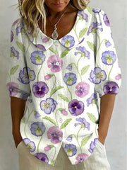 Women Peter Pan Collar Half Sleeve Purple Floral Cotton Linen Casual Top