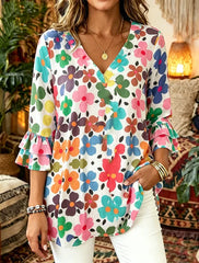 Women Colorful Floral V Neck Double Ruffle 3/4 Sleeve Casual Blouse