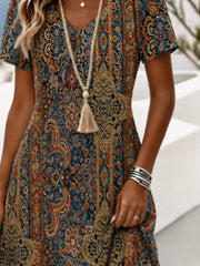 Women Floral Ethnic Summer Dress V Neck Short Sleeve A-Line Midi T-Shirt Dress