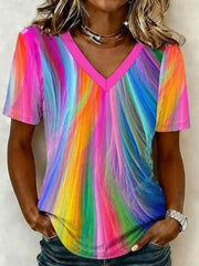 Vintage Abstract V Neck Short Sleeve Women T-shirt