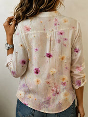Watercolor Pink Floral Stand Split Collar Long Sleeve Micro Elastic Regular Fit Casual Blouse