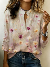 Watercolor Pink Floral Stand Split Collar Long Sleeve Micro Elastic Regular Fit Casual Blouse