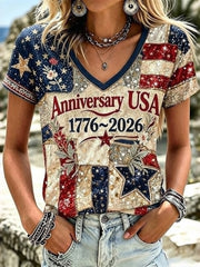 Usa Anniversary Celebration V-neck Short Sleeves T-shirt