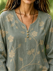 Green Vintage Floral Notch Henley Neck Flare Long Sleeve Loose Linen Blouse With Side Pockets