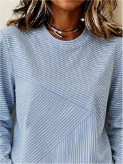 Blue Mixed Diagonal Striped Crew Neck Long Sleeve Casual T-Shirt