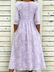 Lavender 3D Floral Embroidery Crew Neck Half Sleeve A-Line Summer T-Shirt Dress