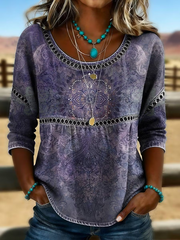 Purple Ethnic Paisley Print Crew Neck Half Sleeve Loose Blouse For Women