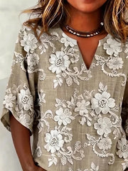 Khaki 3D Floral Embroidery V Neck Half Sleeve Loose Blouse For Women