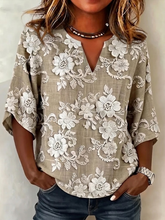 Khaki 3D Floral Embroidery V Neck Half Sleeve Loose Blouse For Women