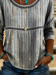 Grey Abstract Glitter Stripe Crew Neck Half Sleeve Loose Blouse For Women