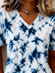Vintage Blue Tie-Dye V Neck Short Sleeve Casual T-shirt