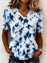 Vintage Blue Tie-Dye V Neck Short Sleeve Casual T-shirt