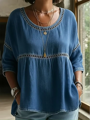 Blue Plain Denim Crew Neck 3/4 Sleeve Loose Blouse For Women