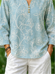 Light Blue Floral Print Crew Neck Long Sleeve Loose Blouse For Women
