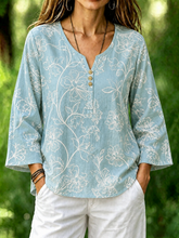 Light Blue Floral Print Crew Neck Long Sleeve Loose Blouse For Women