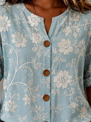 Light Blue Floral Print Stand Collar Short Sleeve Loose Shirt For Women