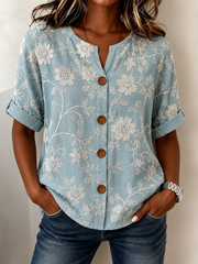 Light Blue Floral Print Stand Collar Short Sleeve Loose Shirt For Women