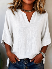 White Plain Half Open Collar 3/4 Sleeve Loose Linen Blouse For Women