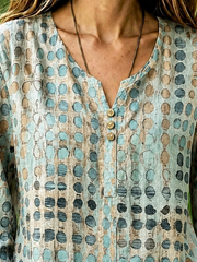 Green Abstract Polka Dot Crew Neck Long Sleeve Loose Blouse For Women