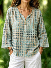 Green Abstract Polka Dot Crew Neck Long Sleeve Loose Blouse For Women