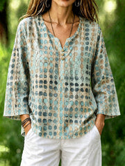 Green Abstract Polka Dot Crew Neck Long Sleeve Loose Blouse For Women