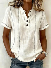 Off White Contrast Stitch V Neck Short Sleeve Regular Fit Linen Shirt For Women
