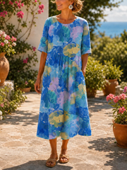 Blue Watercolor Abstract Print Crew Neck Half Sleeve A-Line Midi T-Shirt Dress For Women