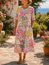 Pink Multicolor Abstract Polka Dot Crew Neck Half Sleeve A-Line Midi T-Shirt Dress For Women