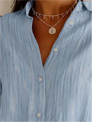 Blue Thin Stripe Shirt Collar Long Sleeve Loose Button Down Shirt For Women
