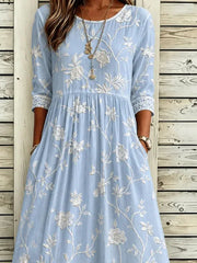 Light Blue White Floral Embroidery Crew Neck three-quarter Sleeve H-Line Midi Dress For Women