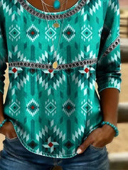 Green Western Geometric Tribal Print Crew Neck 3/4 Sleeve Loose Blouse For Women