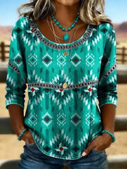Green Western Geometric Tribal Print Crew Neck 3/4 Sleeve Loose Blouse For Women