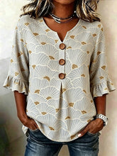 Light Green Ginkgo Leaf Print V-Neck Ruffle Half Sleeve Casual Blouse For Women