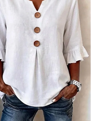 White Split V-Neck Ruffle Half Sleeve Wooden Button Peplum Linen Blouse For Women