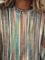 Khaki Multicolor Vertical Contrast Stripe Crew Neck Three-Quarter Sleeve Casual Blouse For Women