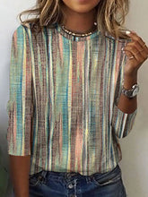 Khaki Multicolor Vertical Contrast Stripe Crew Neck Three-Quarter Sleeve Casual Blouse For Women